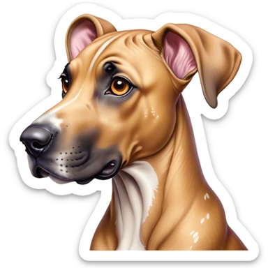 Cinematic Cute Fawn Great Dane Portrait Emoji, Head tilted playfully and inquisitively, showcasing a glossy fawn Fur with a subtle luster, round, sparkling amber eyes filled with curiosity, Simplified yet irresistibly adorable features, highly detailed, glowing with a warm, friendly glow, high shine, affectionate and gentle, stylized with a touch of whimsy, bright and endearing, soft glowing outline, capturing the essence of a mischievous yet loving pup, so playful it feels like it could lumber out of the screen and into your arms! sticker