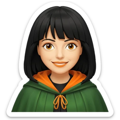 traitor tv show, person wearing green cloak who looks like claudia winkleman orange skin tone and thick black fringe sticker