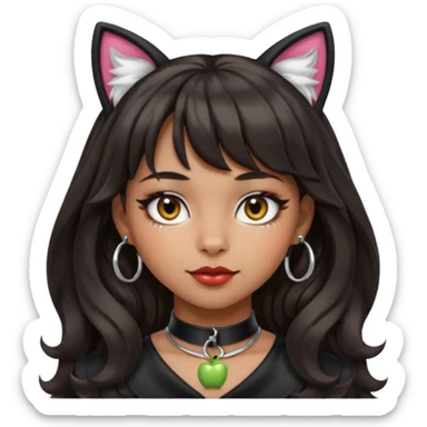 Add bangs to the hairstyle while keeping the silver O-ring collar, bold makeup, medium Hispanic skin tone, long dark wavy hair, and cat ears in apple emoji style. sticker
