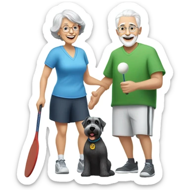 A grandma with short grey hair and grandpa with a short white beard playing pickle ball with a small black and white schnauzer sticker