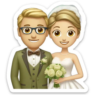 A bride and groom. Bride has brown hair in a bun, blue eyes, wears a lace dress. Groom has blond hair, wears gold glasses, wears an olive green suit with a brown vest and a bow tie. sticker