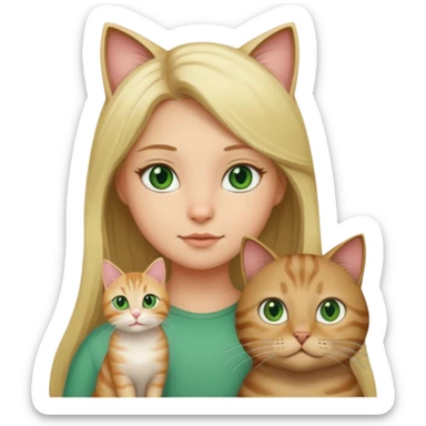 blonde girl with long blonde hair with tabby brown cat with green eyes and chubby gray cat with big green eyes sticker