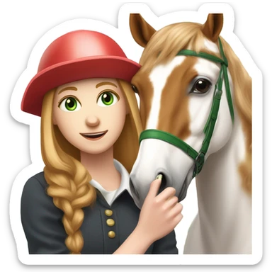 Extremely attractive and feminine white teen girl with green eyes and medium length strawberry blonde hair wearing traditional English riding helmet feeding a treat to a brown and white paint horse sticker