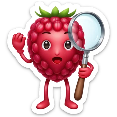 A faceless raspberry holding a magnifiyng glass sticker
