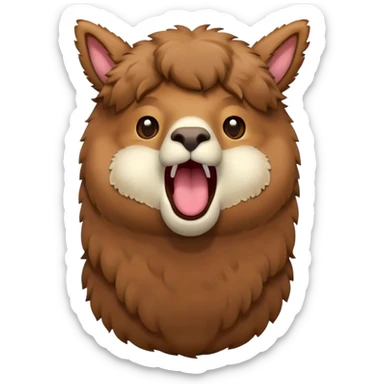 Cinematic Cute Yawning Brown Alpaca Portrait Emoji, Head tilted slightly with a dramatic, wide-open yawn, showcasing a soft, plush brown fleece with gently drooping ears, round warm eyes barely open in drowsy contentment, Simplified yet irresistibly adorable features, highly detailed, glowing with a soft, cozy glow, high shine, relaxed yet expressive, stylized with a touch of whimsy, bright and endearing, soft glowing outline, capturing the essence of a sleepy yet affectionate alpaca, so drowsy it feels like it could stretch out of the screen and curl up for a nap! sticker