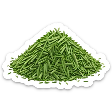 loose scatter of finely chopped dry green herb bits, short tubular shapes, crisp matte texture, uniform thin straight pieces, vibrant to muted green tones, evoking dried chive stalks, soft lighting, subtle shadows, emoji scale sticker