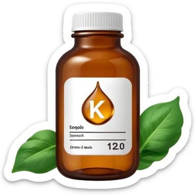 brown glass bottle of supplements with white label, black thin title K2 and small spinach emoji sticker