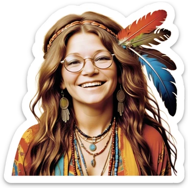 a portrait of janis joplin, focusing on her upper half. she has long, wavy hair with a free-spirited, messy style, round glasses, and a warm, infectious smile. she’s wearing layered bohemian jewelry, colorful clothing, and a feather in her hair, exuding her iconic 60s rock-and-roll vibe. the background is vibrant and slightly psychedelic sticker