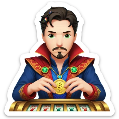 disheveled Doctor Strange losing money at a slot machine, panicked face, coins flying sticker