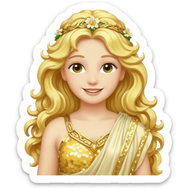 Flora, Goddess of Flowers from Roman Deities with long golden blonde wavy hair, pale yellow sequin toga  sticker