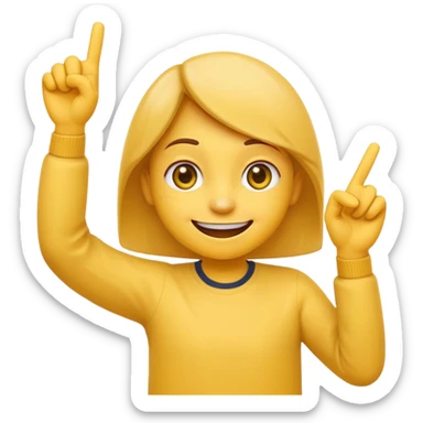 A 2D cartoon-style yellow emoji with a mischievous smile, shaped eyes, and both hands pointing upward with index fingers.  clean digital style, and a fun, dancing expression. Style similar to children’s drawing tutorials, dancing expression. No background, isolated on white.  sticker