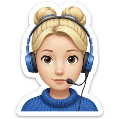 a girl with blue knitwear with a blonde hair
bun and her job is a podcaster (recording microphone in front of her not held and a headphone in her head) sticker