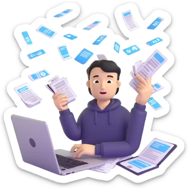 person holding a phone in one hand, laptop open in front, storm of receipts, invoices, and reminders swirling around, multitasking chaos sticker