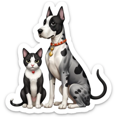 Harlequin great dane dog sitting with a black and white cat sticker