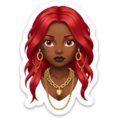 Black dark skin long Red hair girl with tattoos on face, gold chain around neck sticker