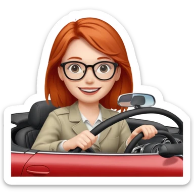 Red head girl smiling with glasses driving fast in a Mercedes convertible sticker