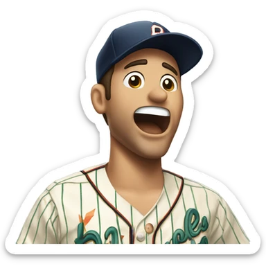 Man with brown hair wearing a hawaiian shirt yells at pinstripe wearing Latino baseball player sticker