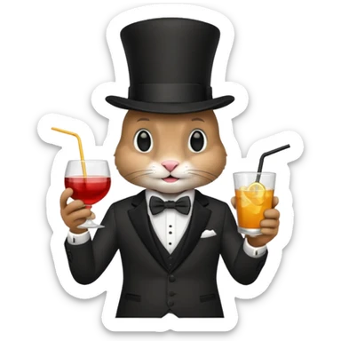 rabbit wearing suit, bowtie and top hat, holding glass of drink sticker