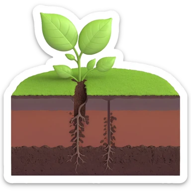 A fresh green leaf resting on the surface of a cross-section of the Earth, where soil and underground layers are visible beneath. Natural lighting, realistic textures. sticker