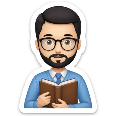 a pretty bratz teacher male with black hair, spectacles on, holding a book in hand and a chocolate in the other. bearded sticker