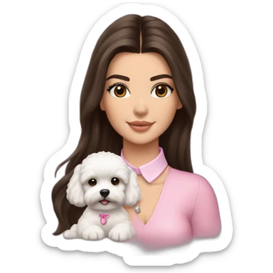brunette Kendall Jenner with long hair holding on the hands white maltipoo in pink collar sticker