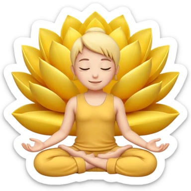 A 3D Apple-style yellow round emoji sitting in a lotus position, eyes gently closed, calm and peaceful smile, hands resting on knees with palms facing upward, relaxed eyebrows, soft glow around the emoji to symbolize inner peace, clean minimal background. sticker