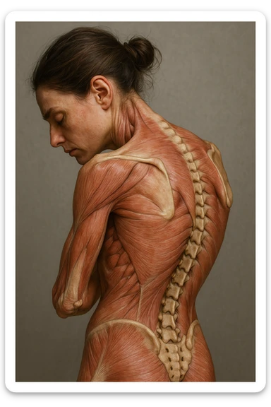 CORPO UMANO ANATOMICO di una donna di profilo con spalle chiuse e postura incurvata, spina dorsale in evidenza, IPERREALISTICO 4K sticker