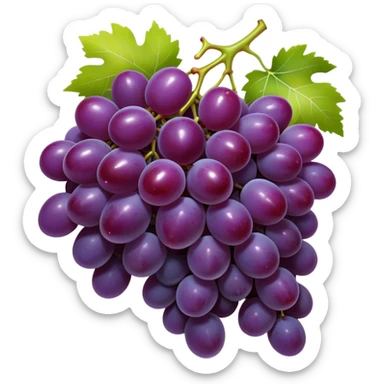 Cinematic Realistic Grapes Emoji, Clustered together in rich purple hues, with smooth, plump skins reflecting light in a glossy, delicate sheen. The stems curve slightly, holding the clusters together like a sweet, natural treasure. Soft glowing outline, capturing the essence of natural sweetness and richness in a bunch of ripe grapes! sticker