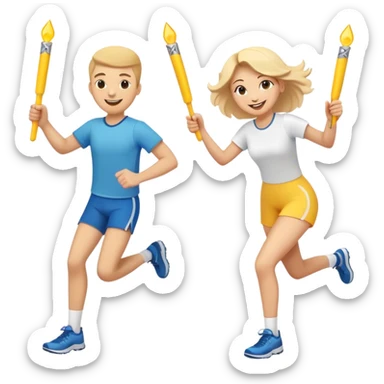 Show two happy team members passing a bright baton in a relay race. One girl, young woman and a young man with all sorts of happy smiley emojis in the air.  Add the words Rejuvenation Break at the top in fun lettering sticker