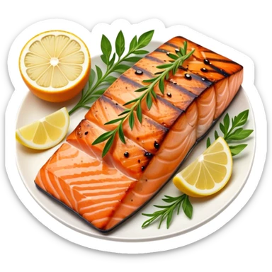 Cinematic perfectly grilled salmon, rich orange hues with crispy skin, garnished with fresh herbs, drizzled with lemon, ultra-detailed and delicious. sticker