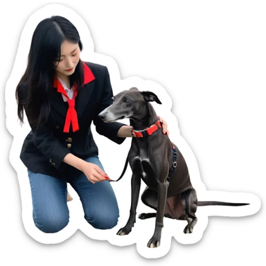 A very beautiful and attractive 25-year-old Japanese woman with long flowing black hair gently petting a PURE SOLID DARK GREY whippet wearing only a bright RED COLLAR on a beach at night under a starry sky. The whippet MUST be 100% SOLID DARK GREY with ABSOLUTELY NO WHITE MARKINGS ANYWHERE - specifically NO WHITE on face, NO WHITE on chest, NO WHITE on paws, NO WHITE anywhere - ENTIRELY ONE CONSISTENT SOLID DARK GREY COLOR throughout the entire dog from nose to tail tip. Only exception is the bright red collar. Deep blue night sky filled with bright stars, moonlight reflecting on the ocean, sandy beach in the foreground. sticker