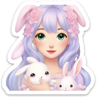 Gorgeous pastel anime style lady with blushing face and holding a bunny cottagecore fairycore pastelcore colorful pearly romantic simplistic aesthetic trending style sticker