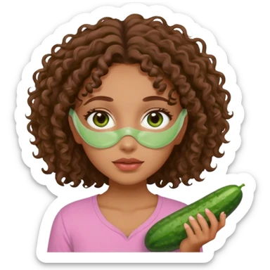lightskin girl having a spa day with green skincare clay mask and ,cucumbers on her eyeballs  and brown curly hair and a pink shirt not holding it in her hand sticker