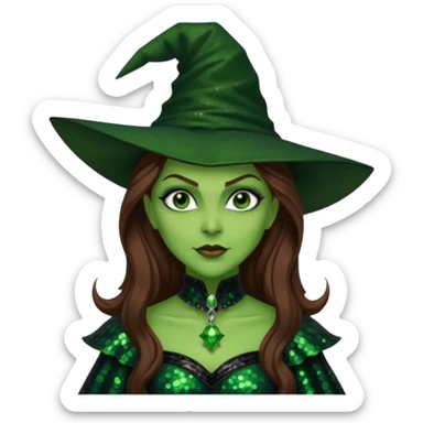 The Wicked Witch from Oz with long brown hair, green skin, black sequin outfit sticker