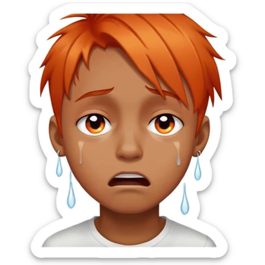 brownskin boy with emo orange hair, red and black eyes, crying white tears, more intense expression sticker
