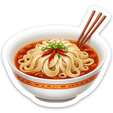 Xi'an Biangbiang noodles with extra wide belt shape and chili oil, simplified emoji style with bold outlines and bright colors, cartoon style Shaanxi specialty sticker