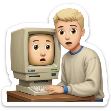 Young man with surprised expression looking at a very old, bulky desktop computer from the 1990s with CRT monitor sticker