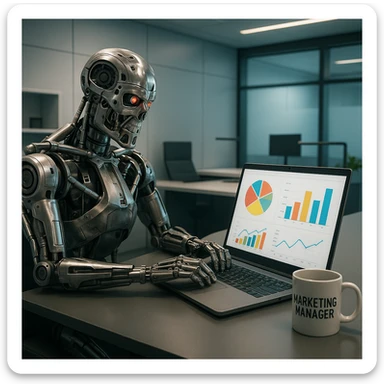 A Terminator robot at a desk, typing on a laptop with marketing charts on the screen, coffee mug labeled 'Marketing Manager', in a sleek office sticker