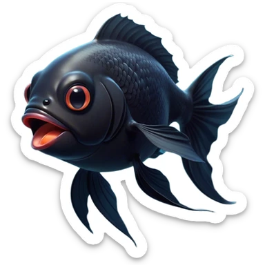 Cinematic Cute Yawning Black Goldfish Portrait Emoji, Head tilted slightly with a dramatic, wide-open yawn, showcasing a smooth, deep black body with elegant, flowing fins, eyes barely open in drowsy contentment, Simplified yet irresistibly adorable features, highly detailed, glowing with a soft, cozy glow, high shine, relaxed yet expressive, stylized with a touch of whimsy, bright and endearing, soft glowing outline, capturing the essence of a sleepy yet affectionate goldfish, so drowsy it feels like it could float out of the screen and curl up for a nap! sticker