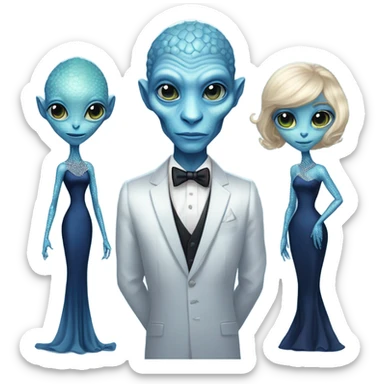 reptilian alien woman, in long slim pastel blue formal party satin dress with gradient shiny sparkling navy blue diamonds embroidered , and caucasian man in black dress sticker