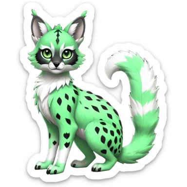 Cute kawaii cool edgy badass  neon-green fur with obsidian-onyx-black points and snowy-white belly fantasy-caracal-civet-genet-sergal-vernid-Gryphon-Cacomistle-Trico-oncilla-animal-Fakémon-hybrid-fursona (full body), facial markings, (realism style) sticker
