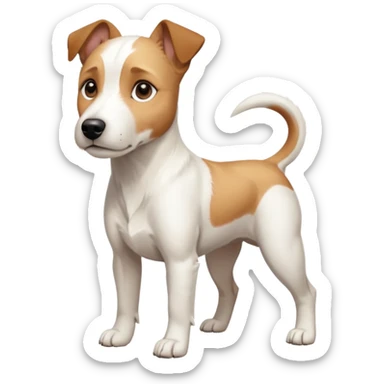 a full body facing front on of a buff white parson russell terrier looking dog the size of a kelpie with light brown long ears resting on its face and a light brown patch above one eye and a large snout. the rest of the dog is completely white.  sticker