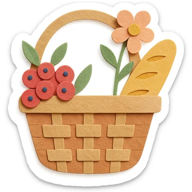 picnic basket with berries, bread, and flowers in warm pastel shades, paper-craft style sticker