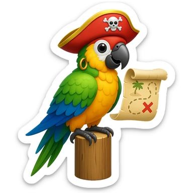 Add a gold earring to the pirate parrot holding a treasure map. The original style is emoji style, but since emoji style does not support editing, please keep the look consistent with emoji style while adding the gold earring. Remove the background. sticker