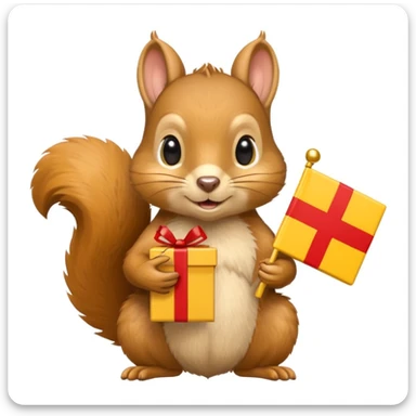 realistic squirrel holding a yellow gift box in one hand and a red Swiss flag in the other, both objects clearly visible, simple white background, the gift is a different color from the flag sticker