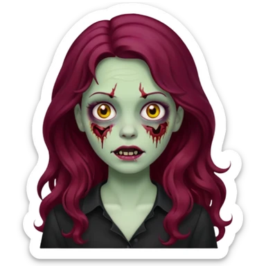 Faça me um emoji de um zumbi mulher de cabelos vermelho borgonha longos ondulado usando uma blusa preta, faça no estilo iphone sticker
