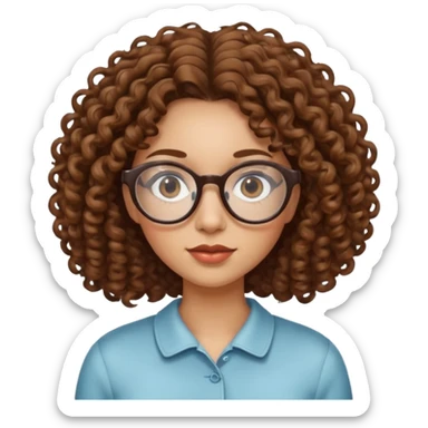 emoji of a woman with curly hair and glasses, fish eye lens effect sticker