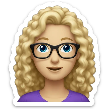 caucasian curly blonde long haired blue eyed woman with purple t-shirt and black glasses sticker