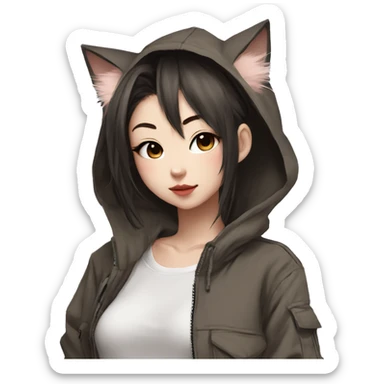 Edgy cool shy Asian urban beautiful pretty anime punk tomboy with cat ears techwear cargo pants hoodie brown hair collar  sticker