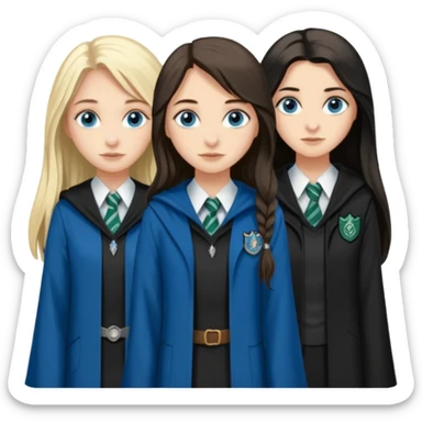 a pretty ravenclaw girl with long dark brown hair and blue eyes standing with a hot Slytherin girl with long blonde hair, blue eyes sticker